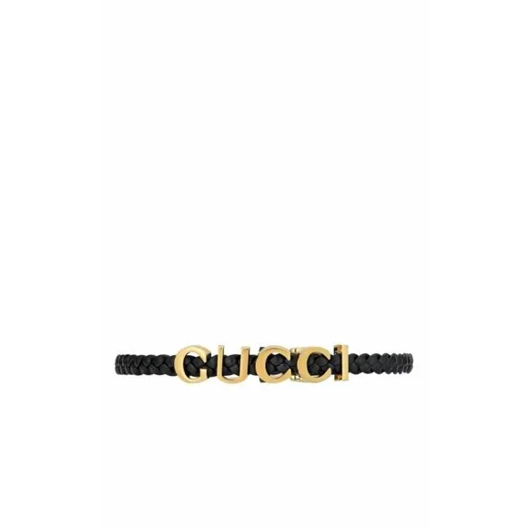 NEW GUCCI LEATHER Choker Logo Gold 100% Authentic Necklace